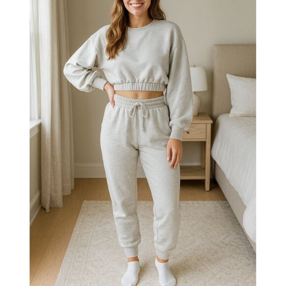 Zenana 2 Pcs Crop Sweatshirt Tracksuit High Waist Jogger Set Active Loungewear - Picture 1 of 12